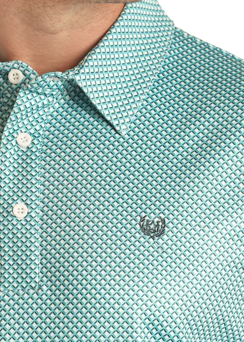 'Panhandle' Men's Geo Print Performance Knit Polo - Turquoise