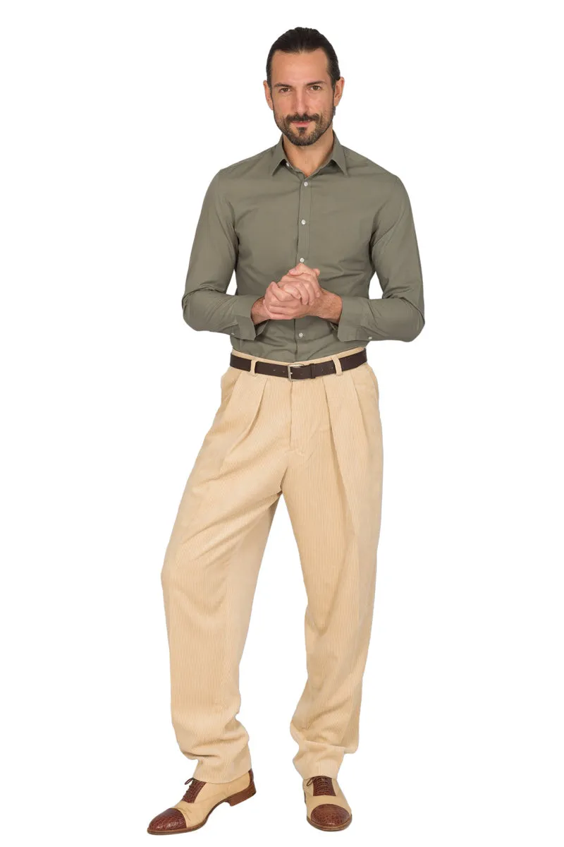 Tapered Cream Beige Corduroy Tango Pants With Two Big Pleats