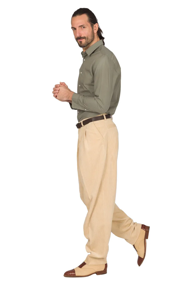 Tapered Cream Beige Corduroy Tango Pants With Two Big Pleats