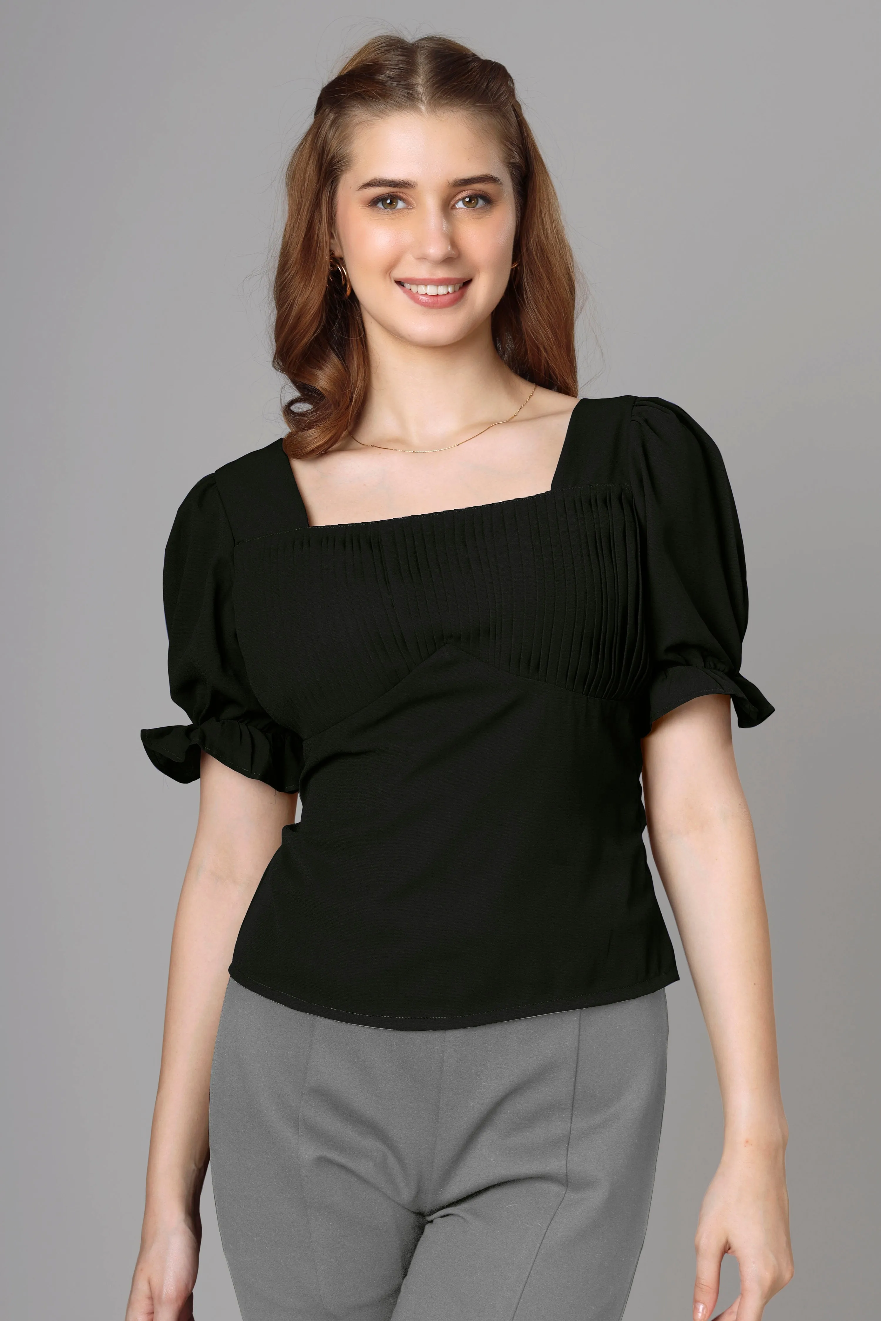 Classic Black Half Pleated Top For Women