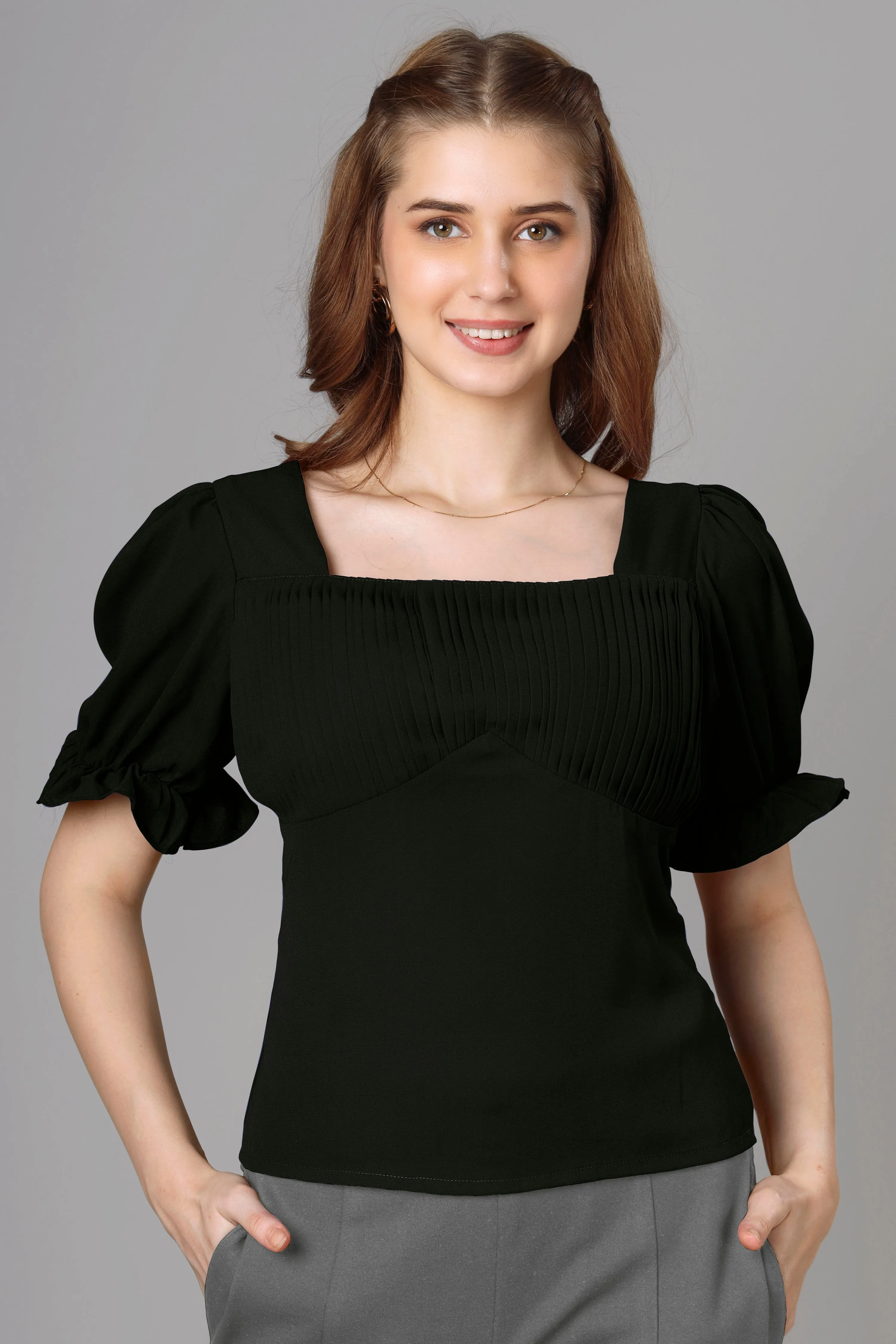 Classic Black Half Pleated Top For Women