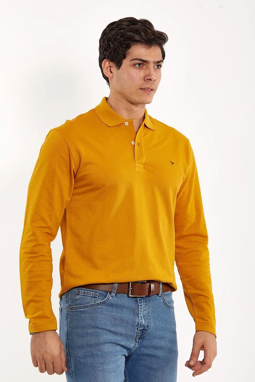 Plain Long-Sleeve Polo Shirt - MUSTARD