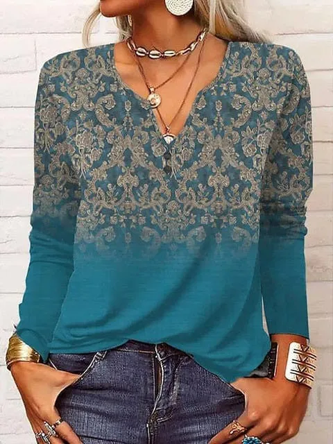 Paisley Gradient Plus Size Henley Shirt for Women