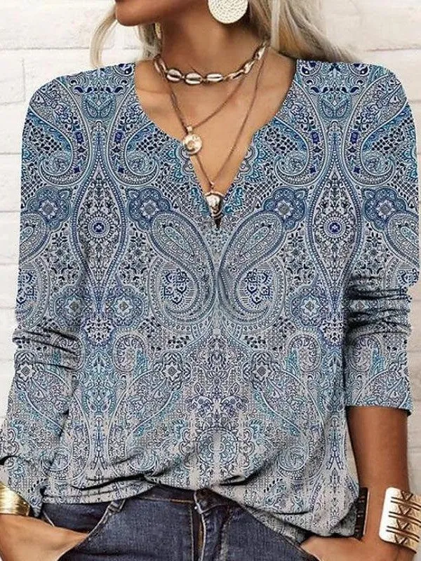 Paisley Gradient Plus Size Henley Shirt for Women