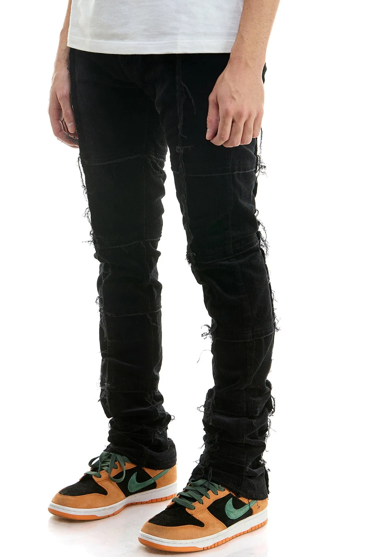 Corduroy Stacked men Jeans with Raw Finishing in Black