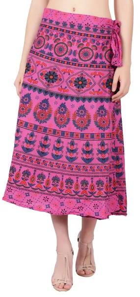 Cotton Printed Wrap Around Skirt Women's India Clothes (Pink, One Size)