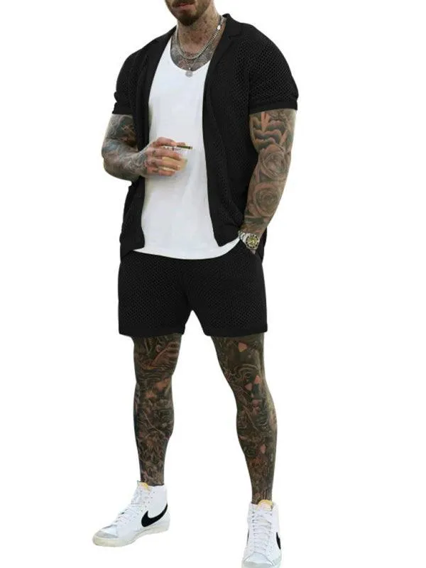 See-Through Short-Sleeved Men Cardigan Outfit Set