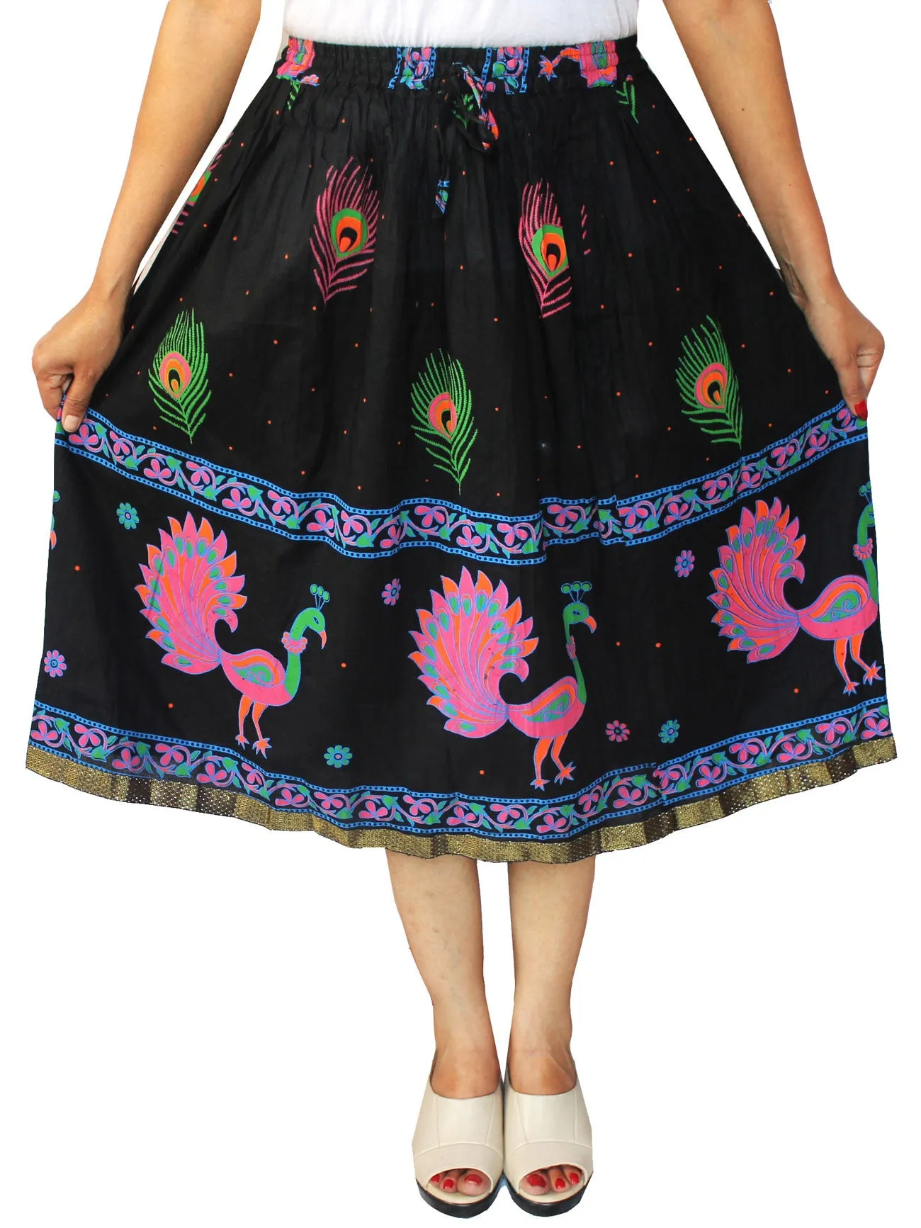 Women Printed Cotton Long Skirt India Clothes (Black)