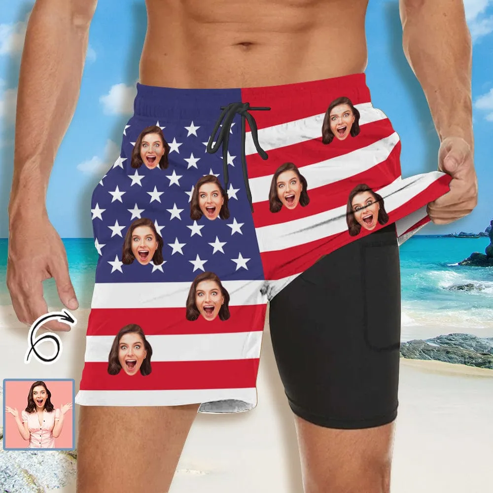 Custom Face US Flag Men's Quick Dry 2 in 1 Surfing & Beach Shorts Male Gym Fitness Shorts