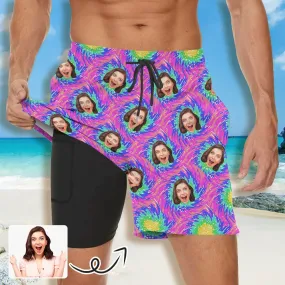 Custom Face Purple Green Diamond Lattice Men's Quick Dry 2 in 1 Surfing & Beach Shorts Male Gym Fitness Shorts