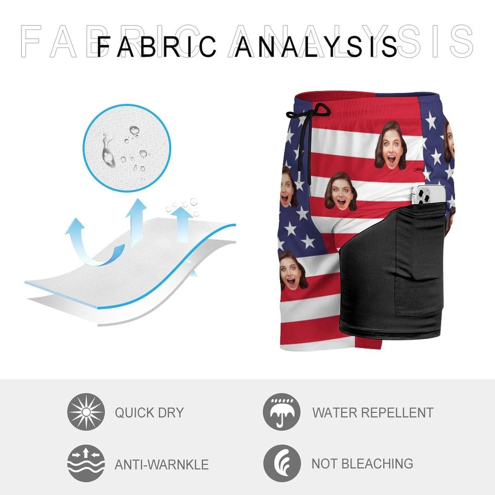 Custom Face US Flag Men's Quick Dry 2 in 1 Surfing & Beach Shorts Male Gym Fitness Shorts