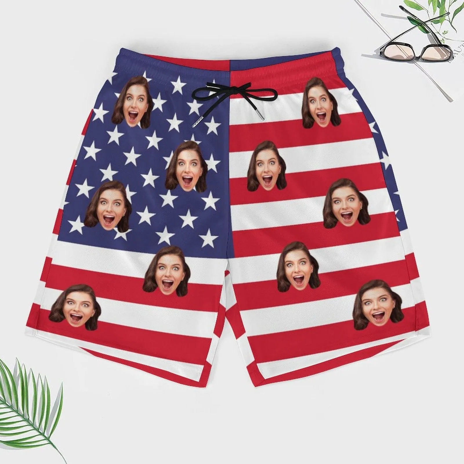 Custom Face US Flag Men's Quick Dry 2 in 1 Surfing & Beach Shorts Male Gym Fitness Shorts