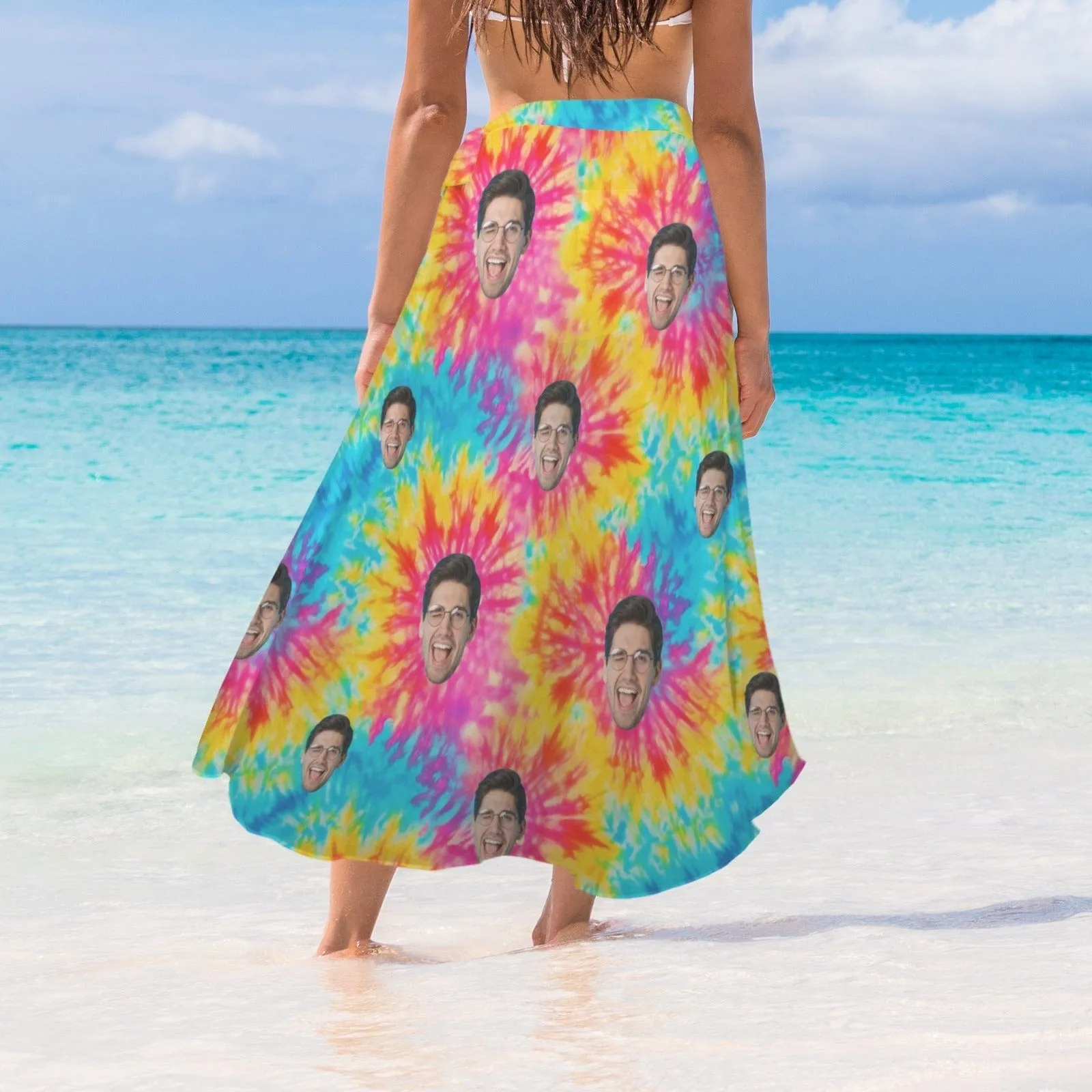 Custom Face Rainbow Colors Women's Long Cover Up Skirt With Slit Swimsuit Beach Wrap