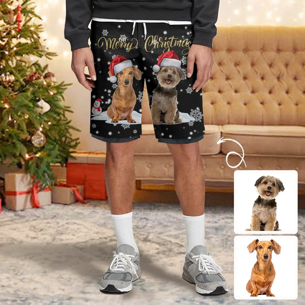 Custom Pet Dog Photo Christmas Snowflake Men's 2 in 1 Running Shorts Workout Training Quick Dry Bodybuliding Athletic Shorts Jogger with Pockets