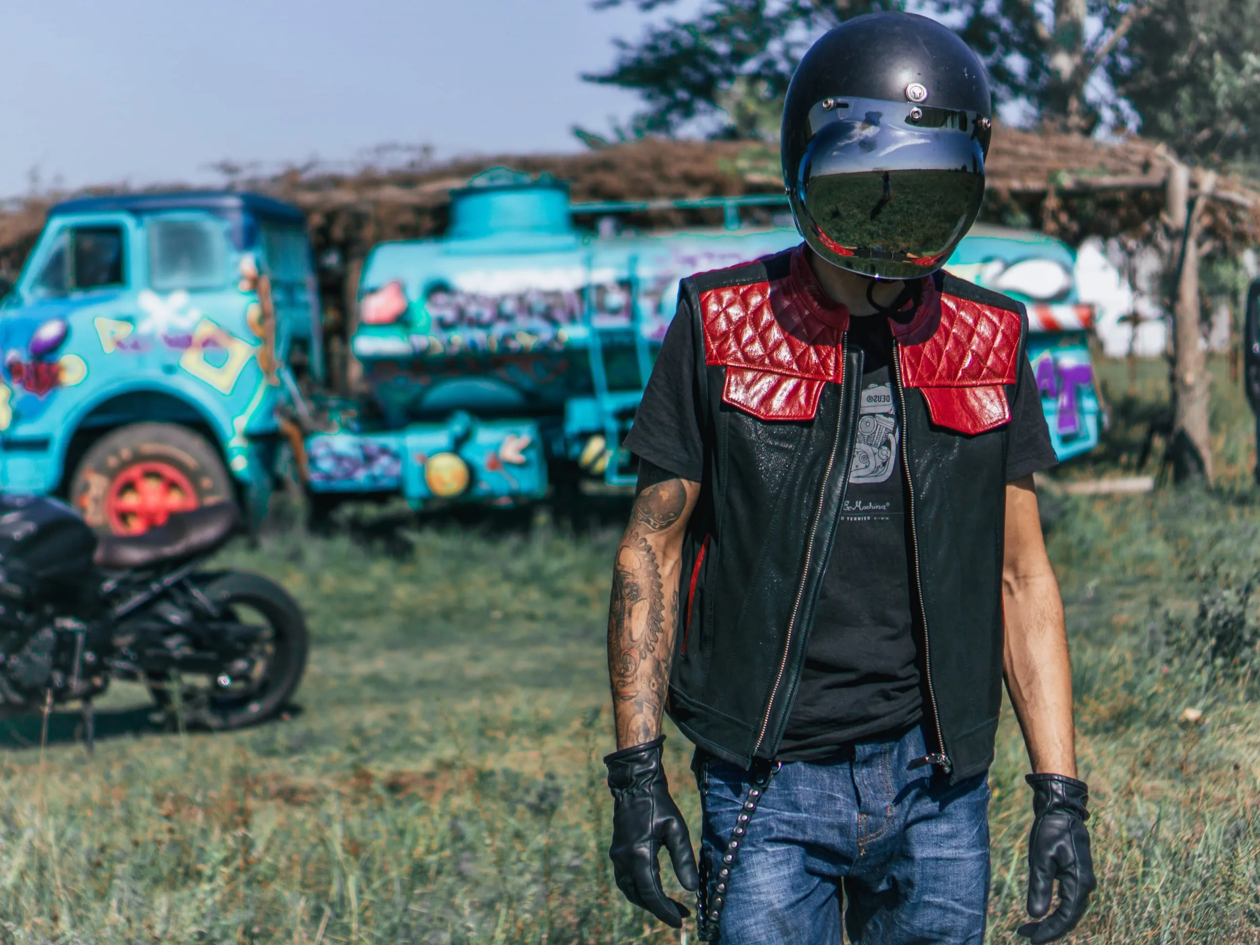 Motorcycle Club Leather Vest, Black & Red