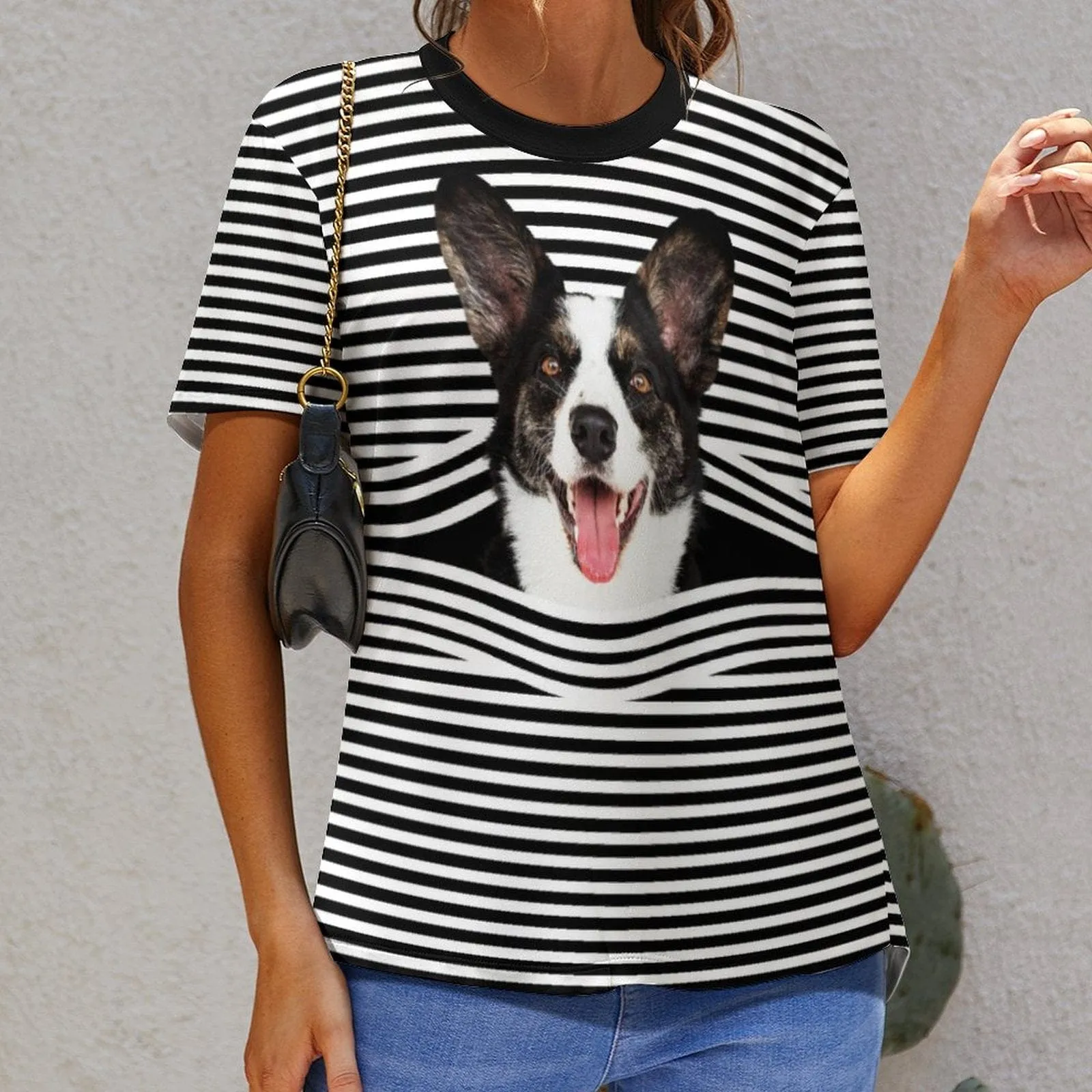 Custom Pet Dog Face Black White Stripes Classic Women's T-shirt Personalized Women's All Over Print T-shirt