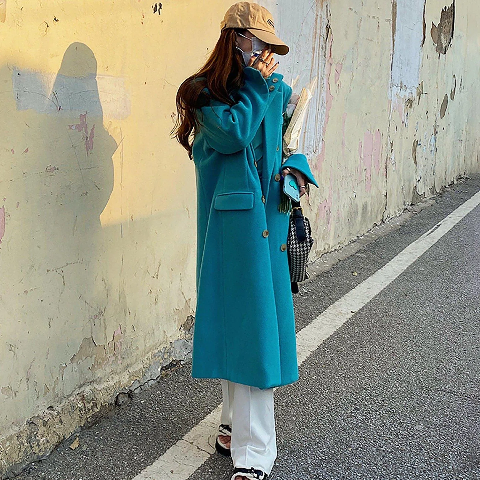 Women Blue Wool Long Coat,Double Breasted Long wool Coat,Thicken Wool Overcoat,Warm Winter Coat,Camel Wool Long Coat,Light yellow wool Coat