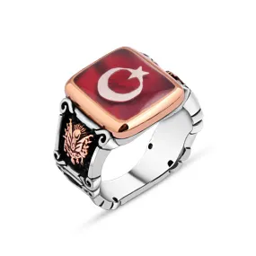 Dark Color Enameled Turkish Flag Square Silver Men's Ring Siding Ottoman Coat of Arms