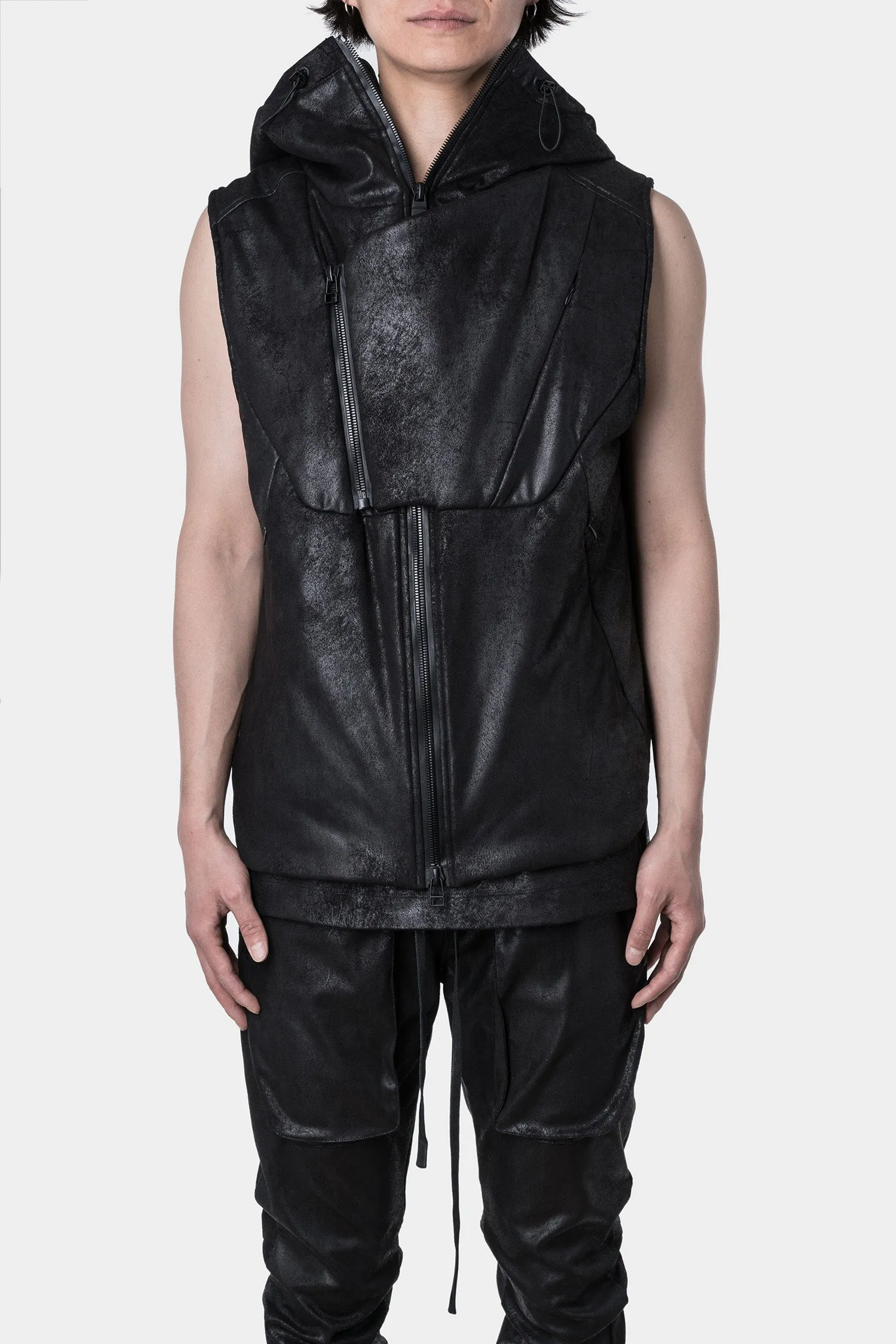 Hooded vegan leather vest