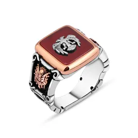 Double Headed Eagle on Red Square Agate Stone Silver Men's Ring Siding Ottoman Coat of Arms