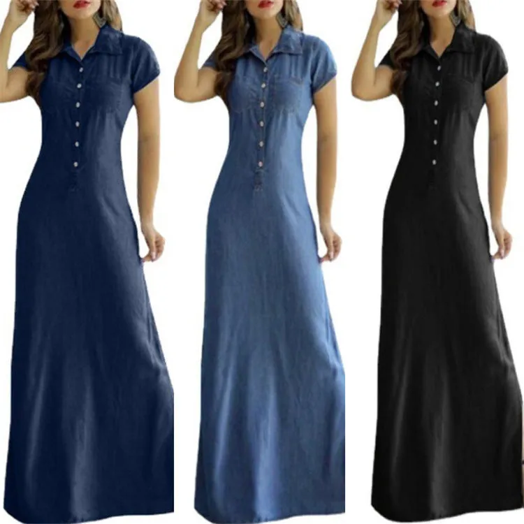 Shirt Collar Slit Pocket Large Swing Skirt Plus Size Denim Dress