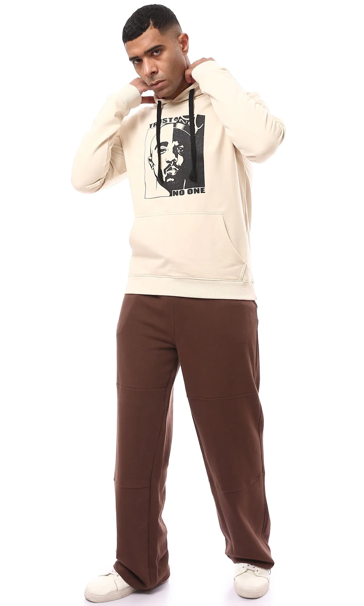 O174720 Front Print Slip On Beige Printed Hoodie