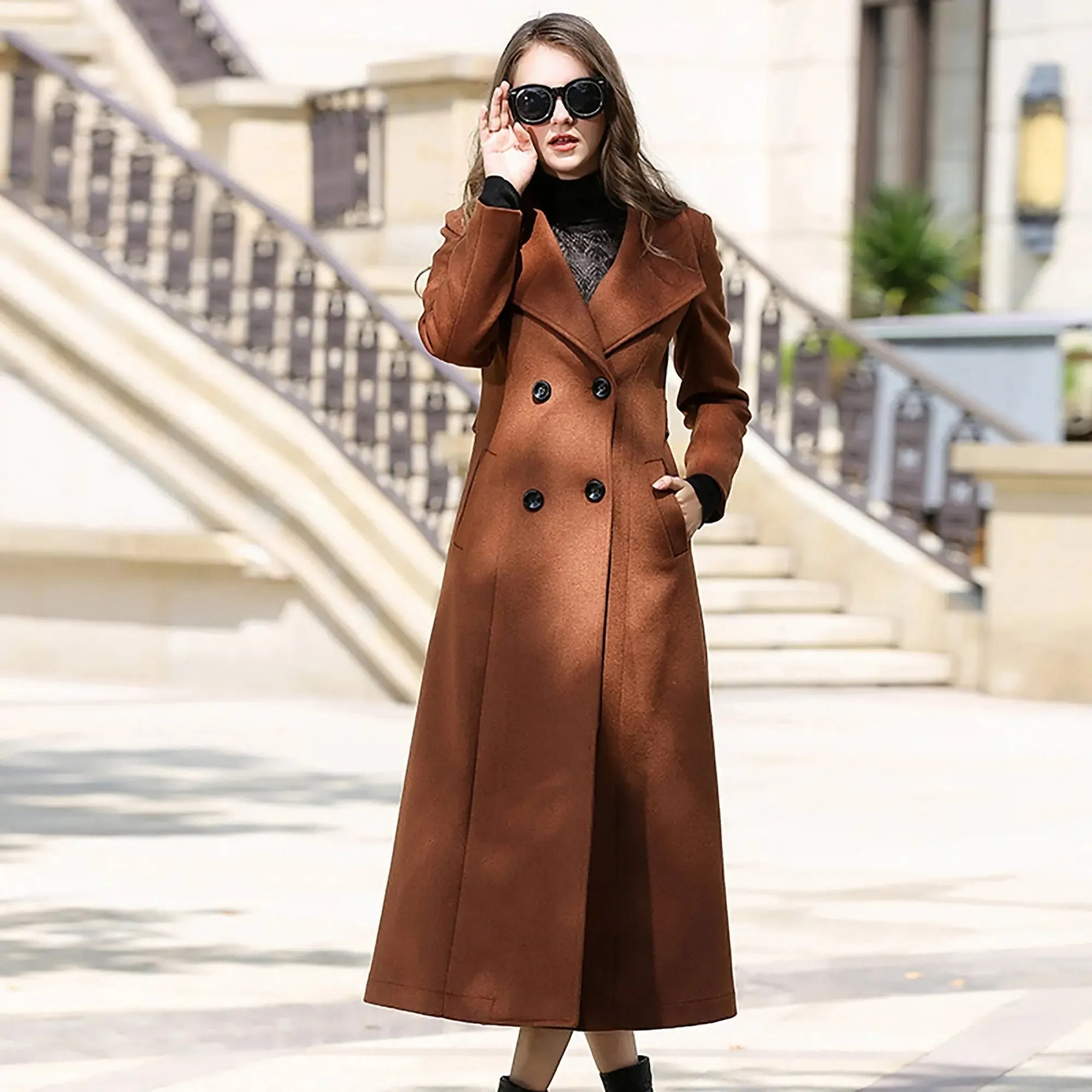 Custom Wool Blend Wide Lapel Double Breasted Coat