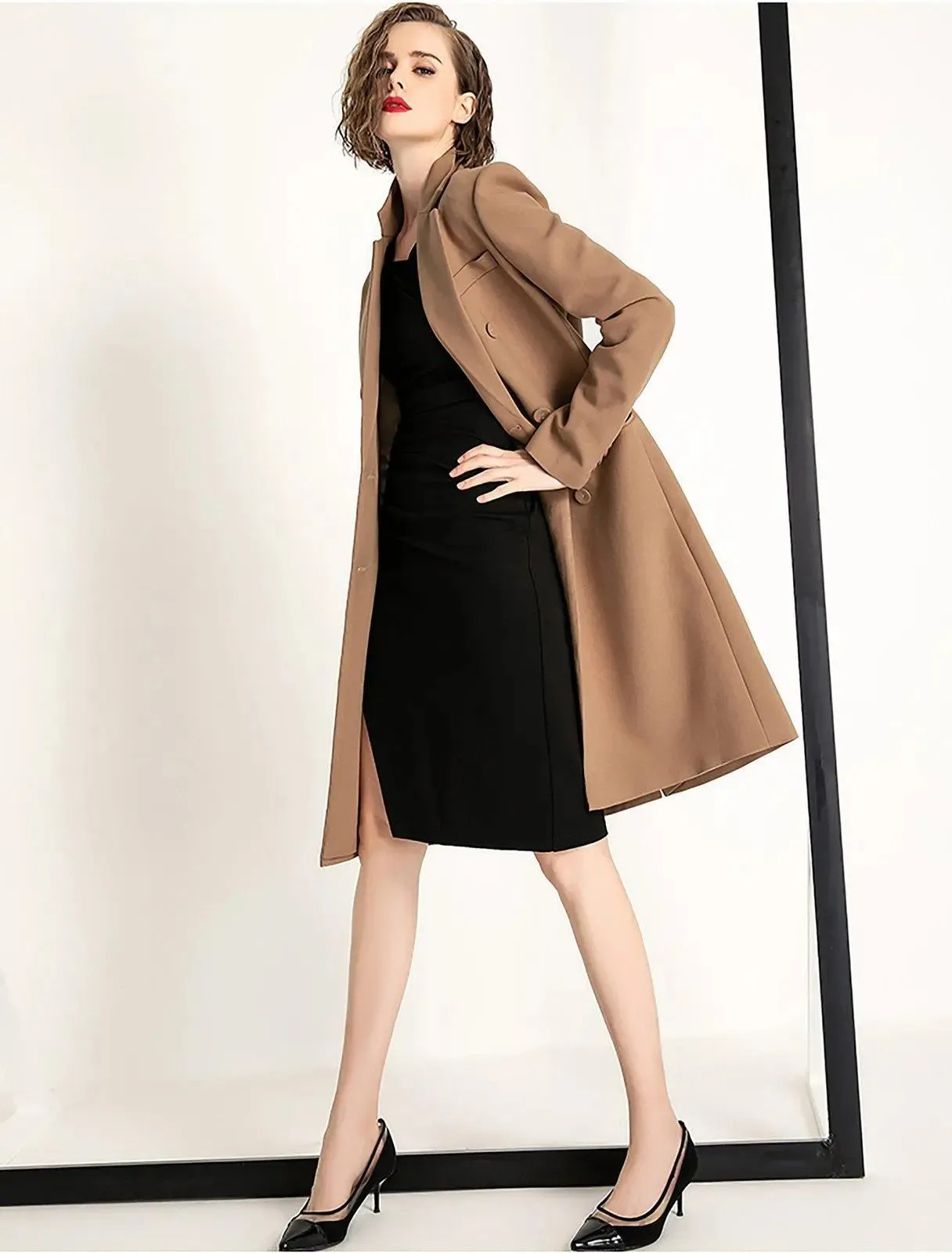 Women's Camel Classic Trench Coat,Long Blazer Overcoat,Women Double-Breasted Blazer Suit Coat Fall Overcoat,Fall Trench Coat Outerwear