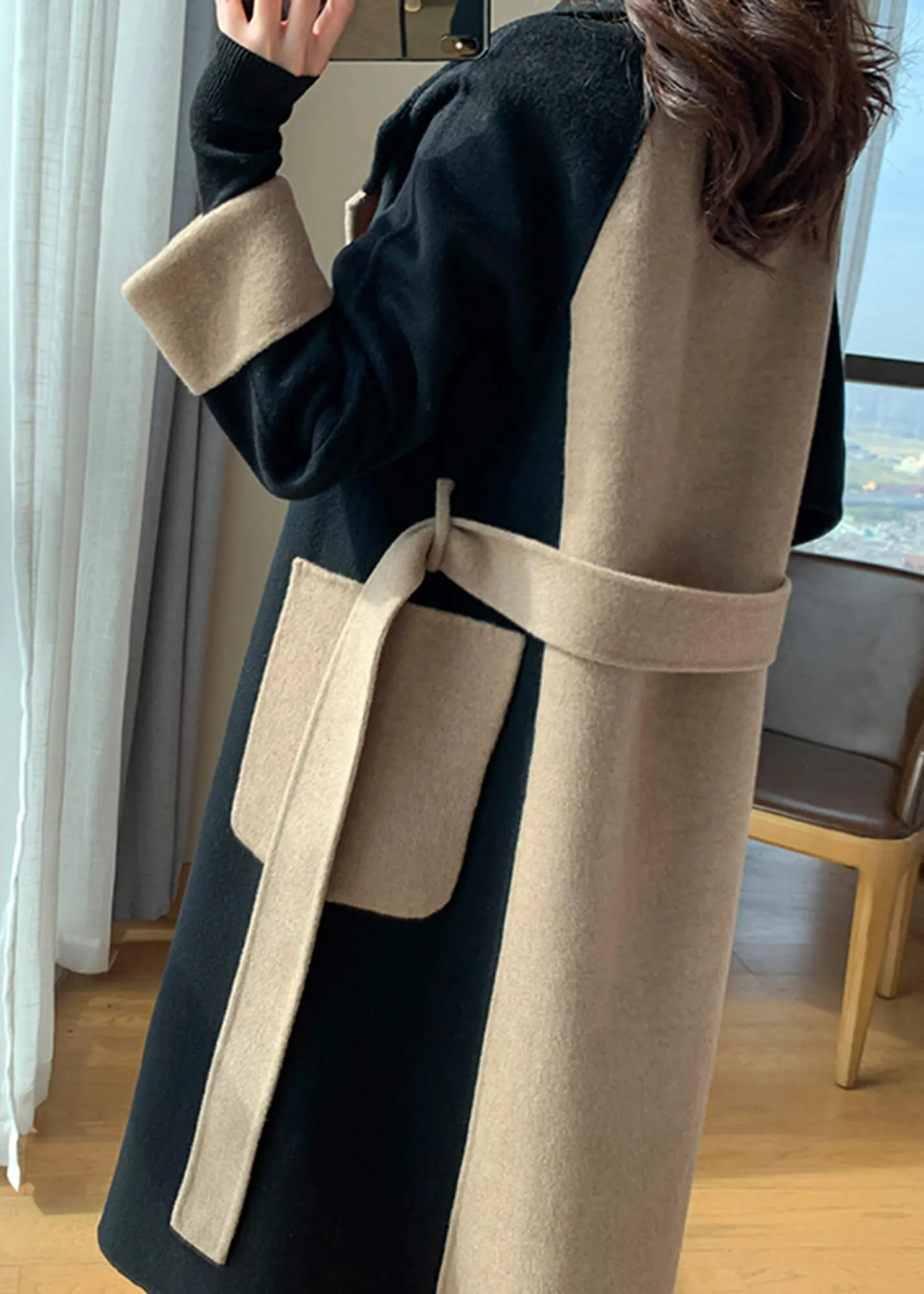 Asheley Color Block Double Face Long Wool Coat