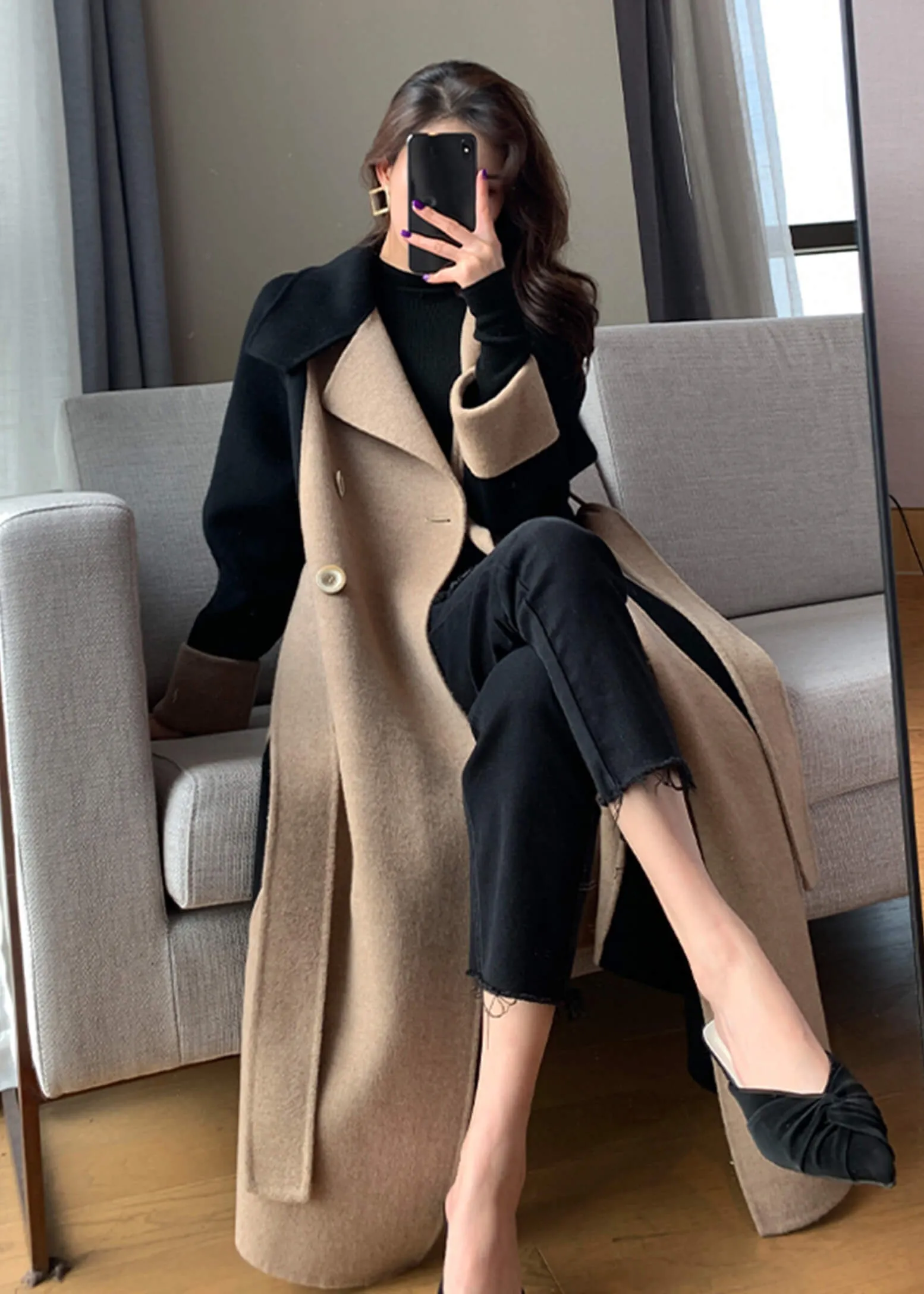 Asheley Color Block Double Face Long Wool Coat