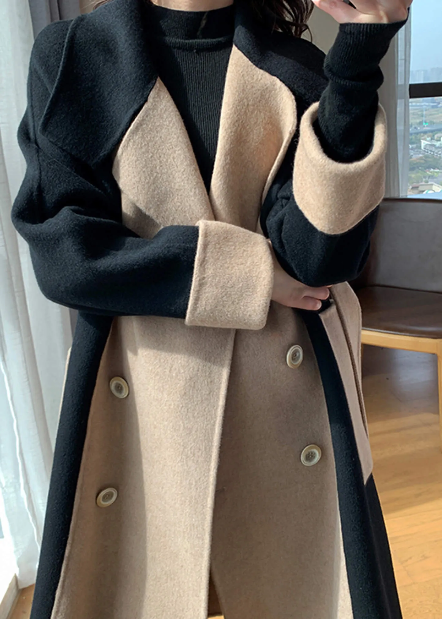 Asheley Color Block Double Face Long Wool Coat