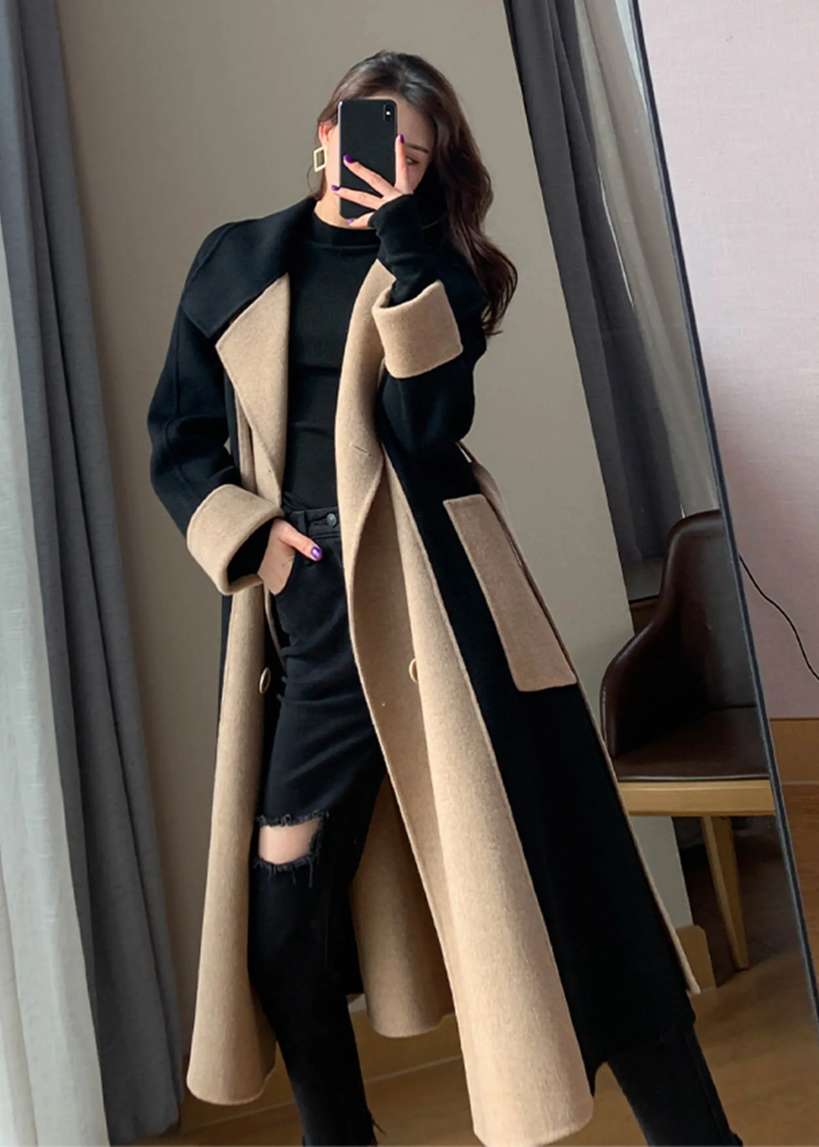 Asheley Color Block Double Face Long Wool Coat