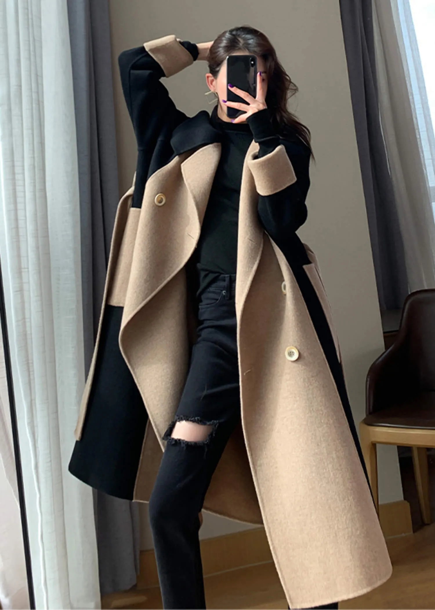 Asheley Color Block Double Face Long Wool Coat