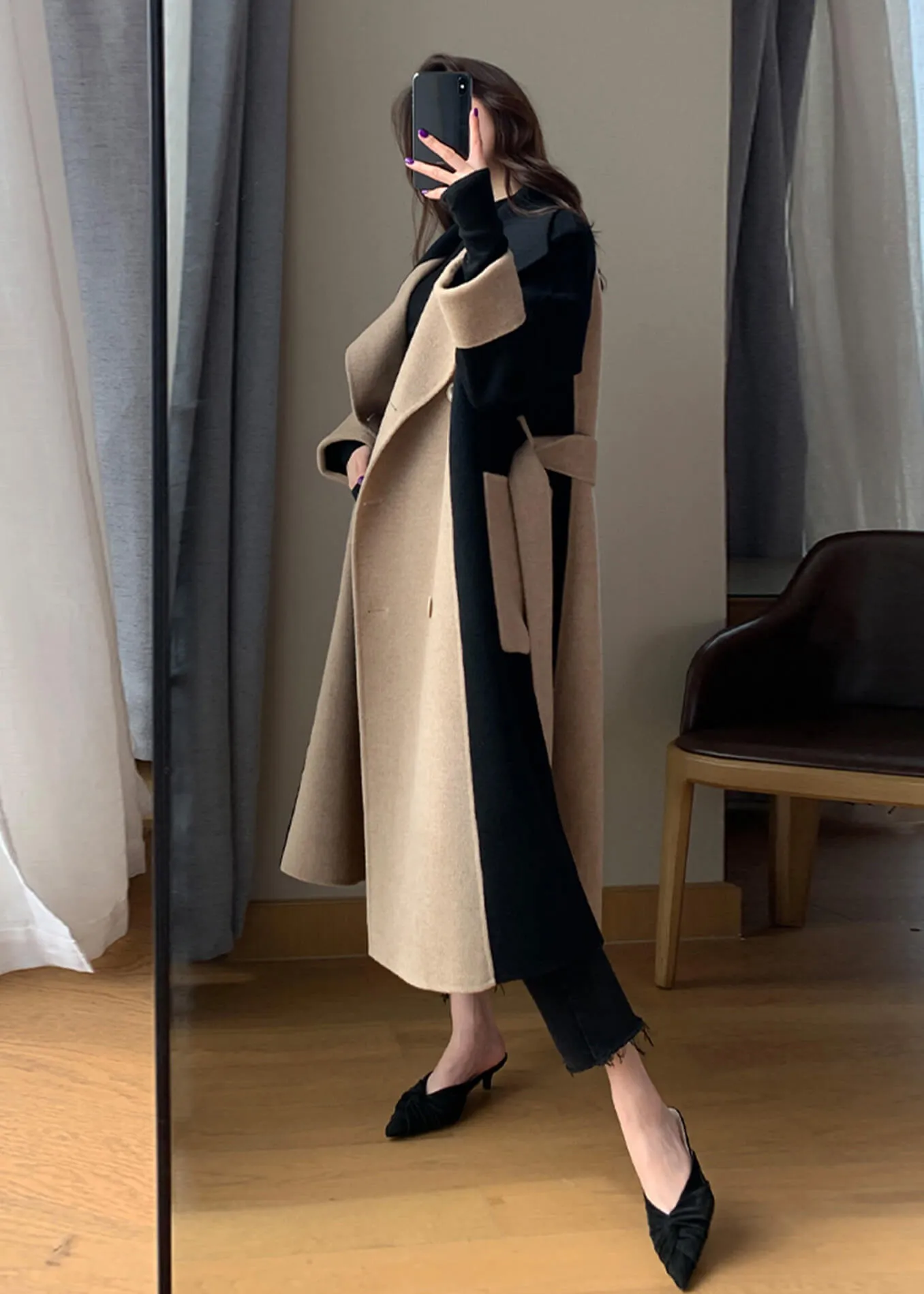 Asheley Color Block Double Face Long Wool Coat