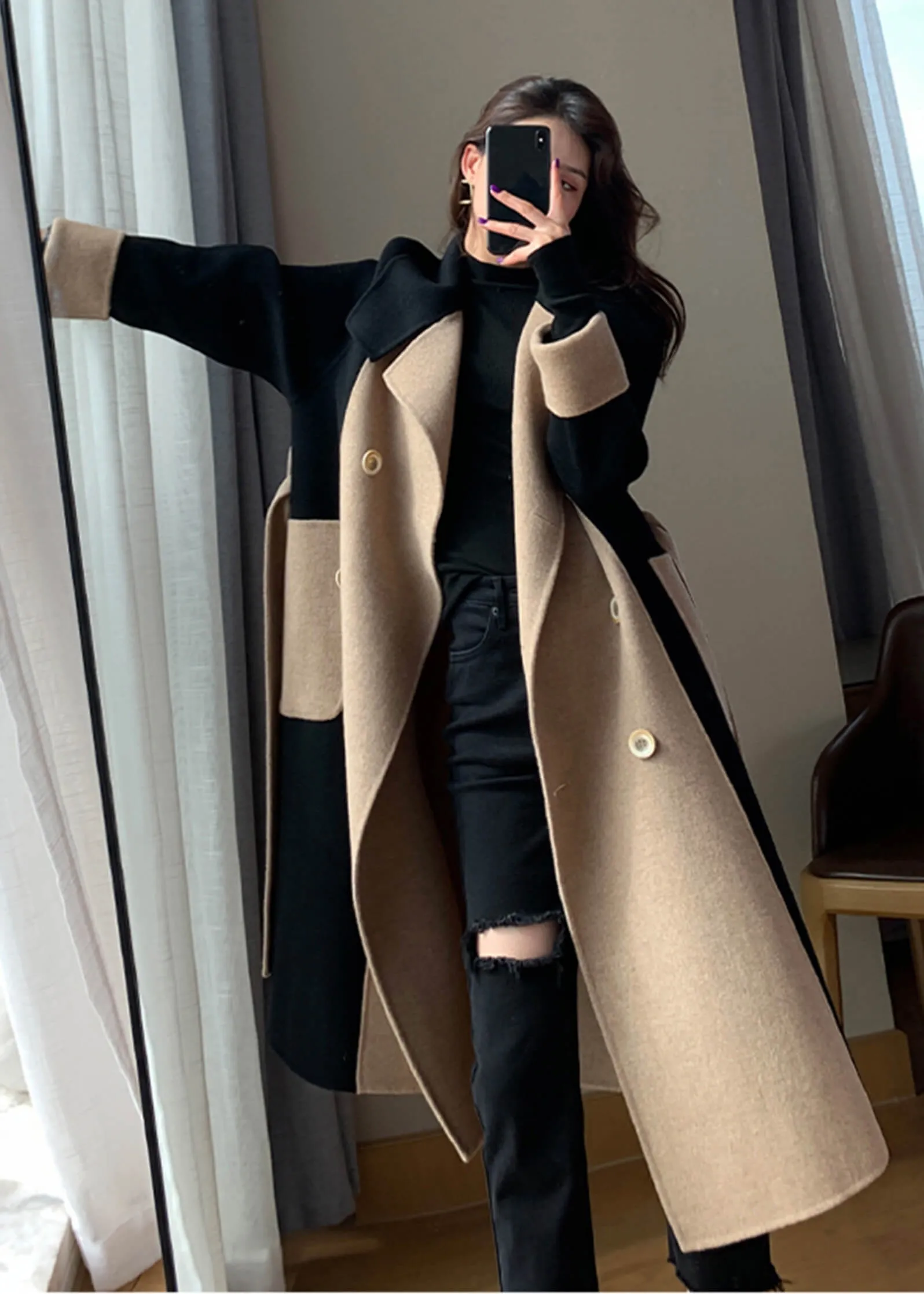 Asheley Color Block Double Face Long Wool Coat