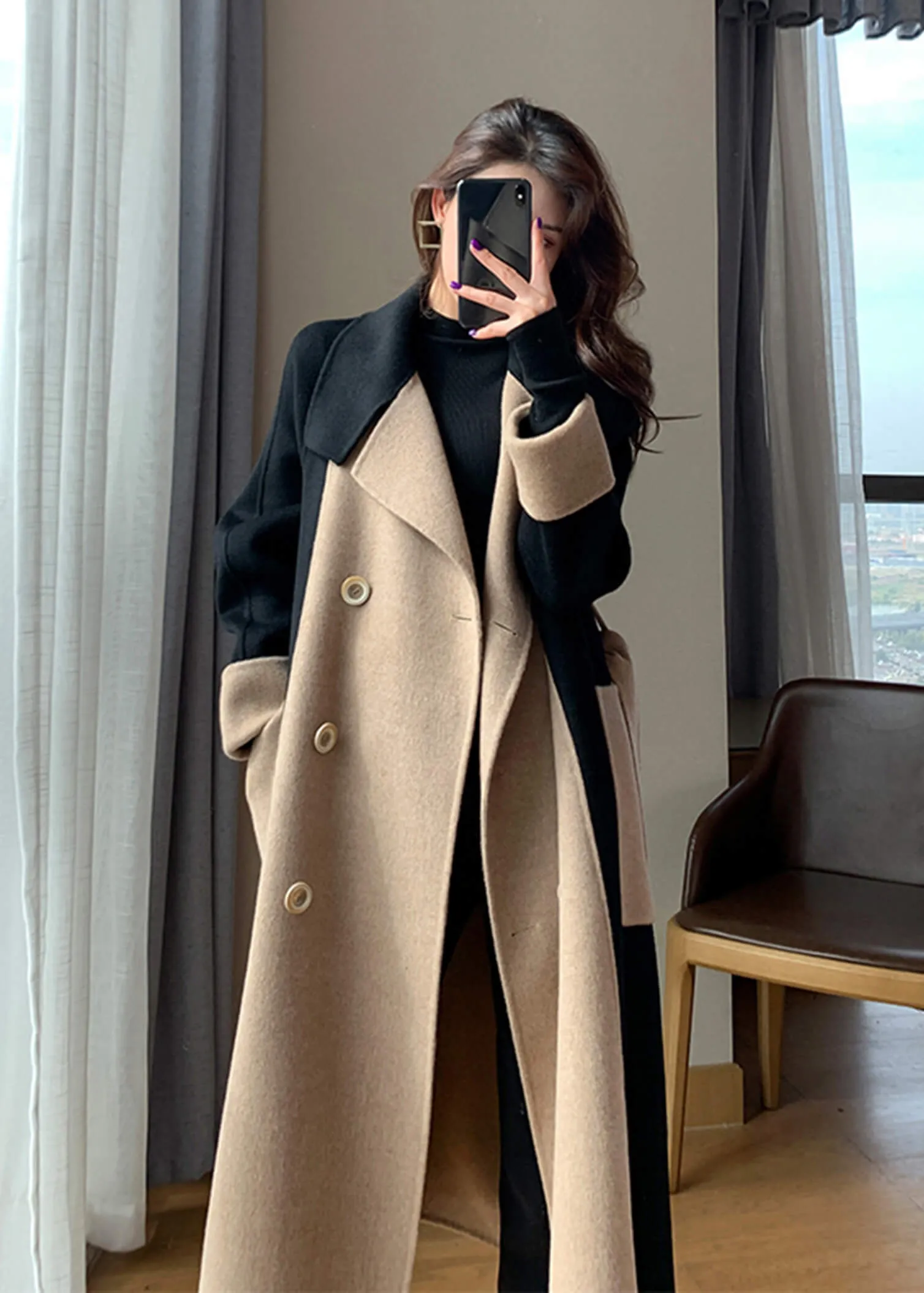 Asheley Color Block Double Face Long Wool Coat