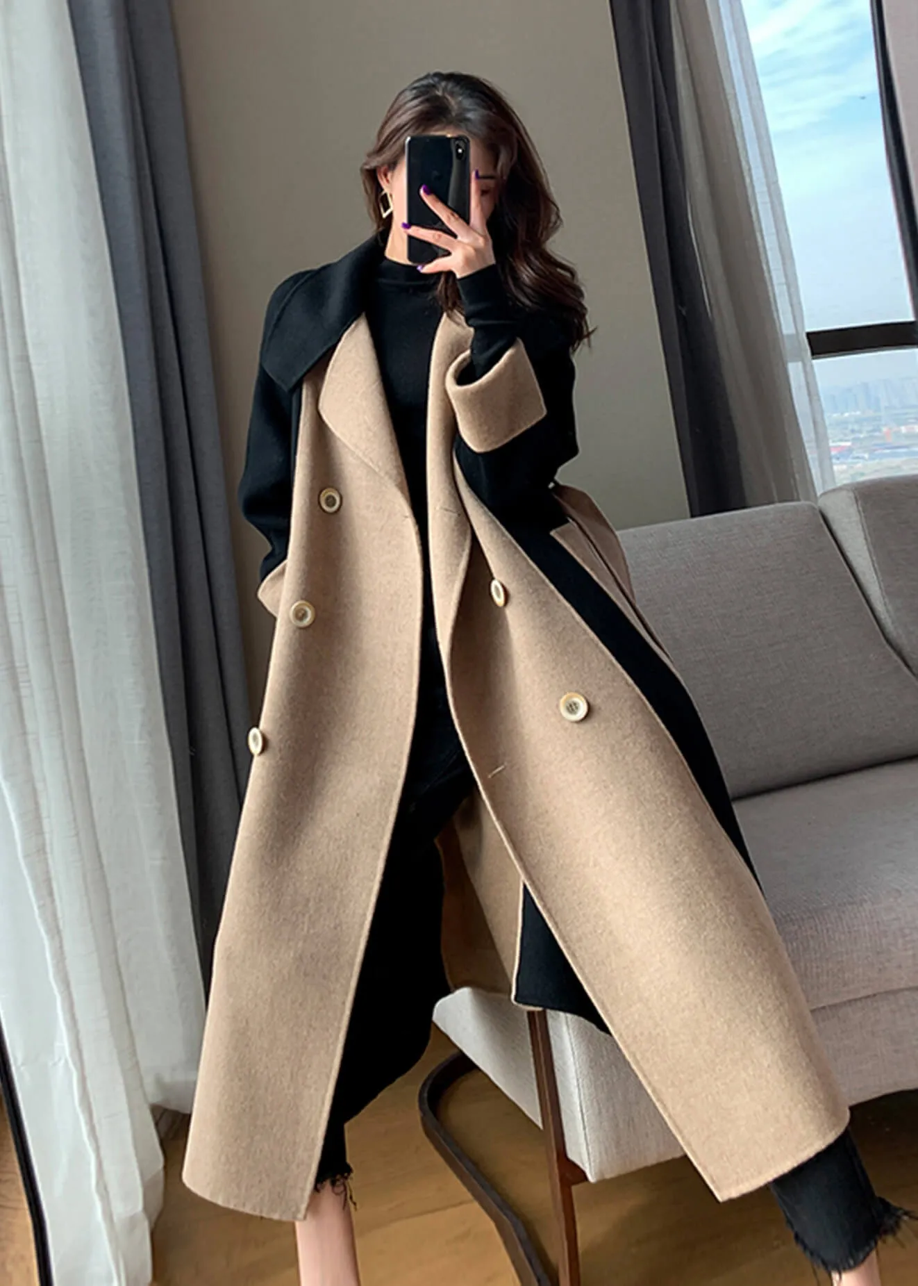 Asheley Color Block Double Face Long Wool Coat