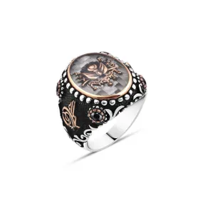 Enameled Ottoman Coat of Arms on Carbon Ellipse Silver Men's Ring Siding Ottoman Tughra and Zircon Stones