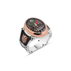 Enameled Ottoman State Coat of Arms Ellipse Silver Men’s Ring Siding Ottoman Coat of Arms