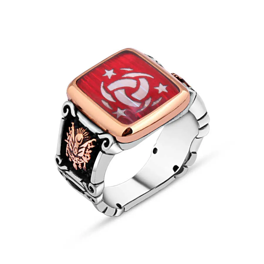 Enameled Special Cooperation Symbol Square Silver Men's Ring Siding Ottoman Coat of Arms