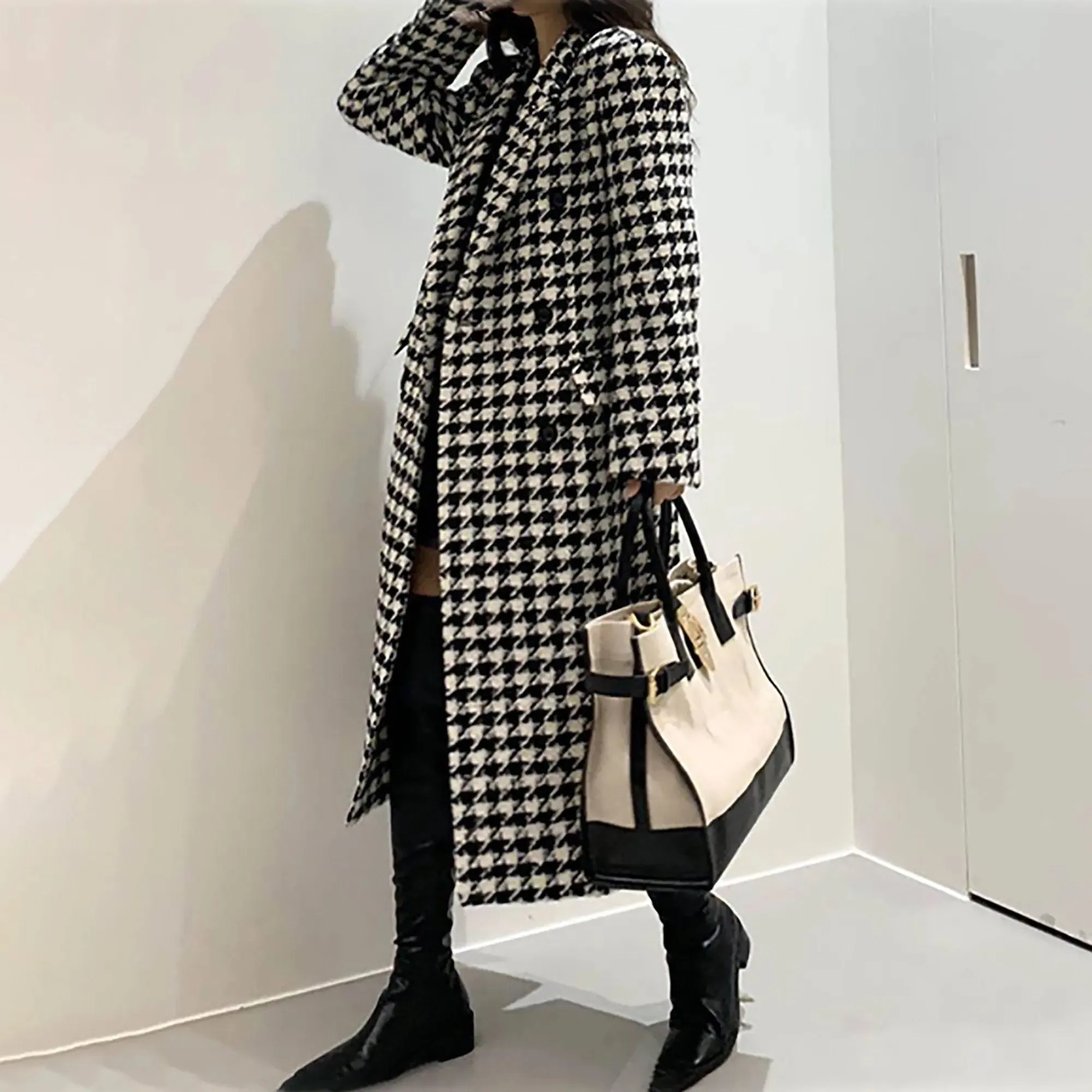 Women Houndstooth Long wool Coat,Plaid Tweed Long Coat,Winter coat women,Tweed Overcoat,Oversize Wool Coat,Double breasted Coat,Reefer coat