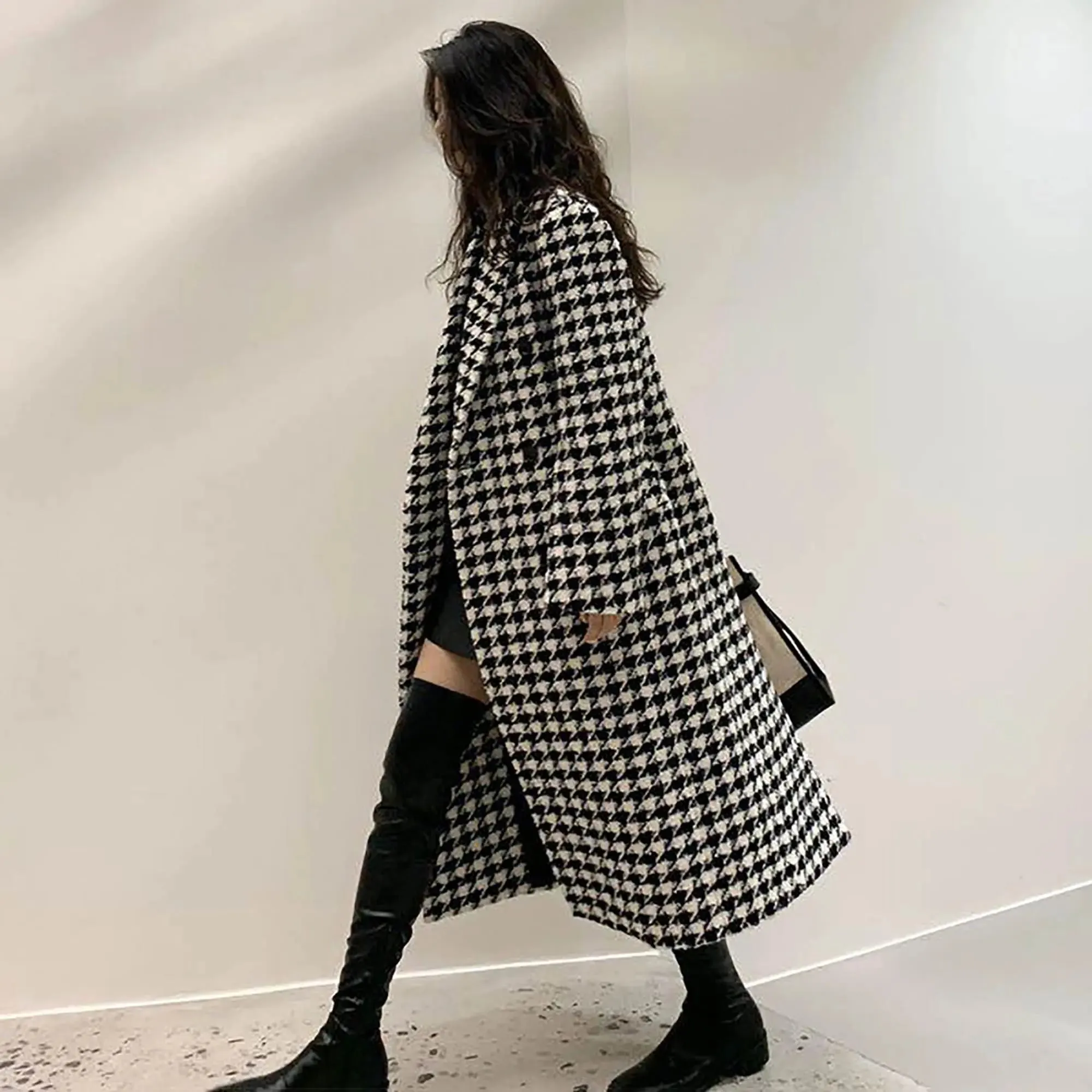 Women Houndstooth Long wool Coat,Plaid Tweed Long Coat,Winter coat women,Tweed Overcoat,Oversize Wool Coat,Double breasted Coat,Reefer coat