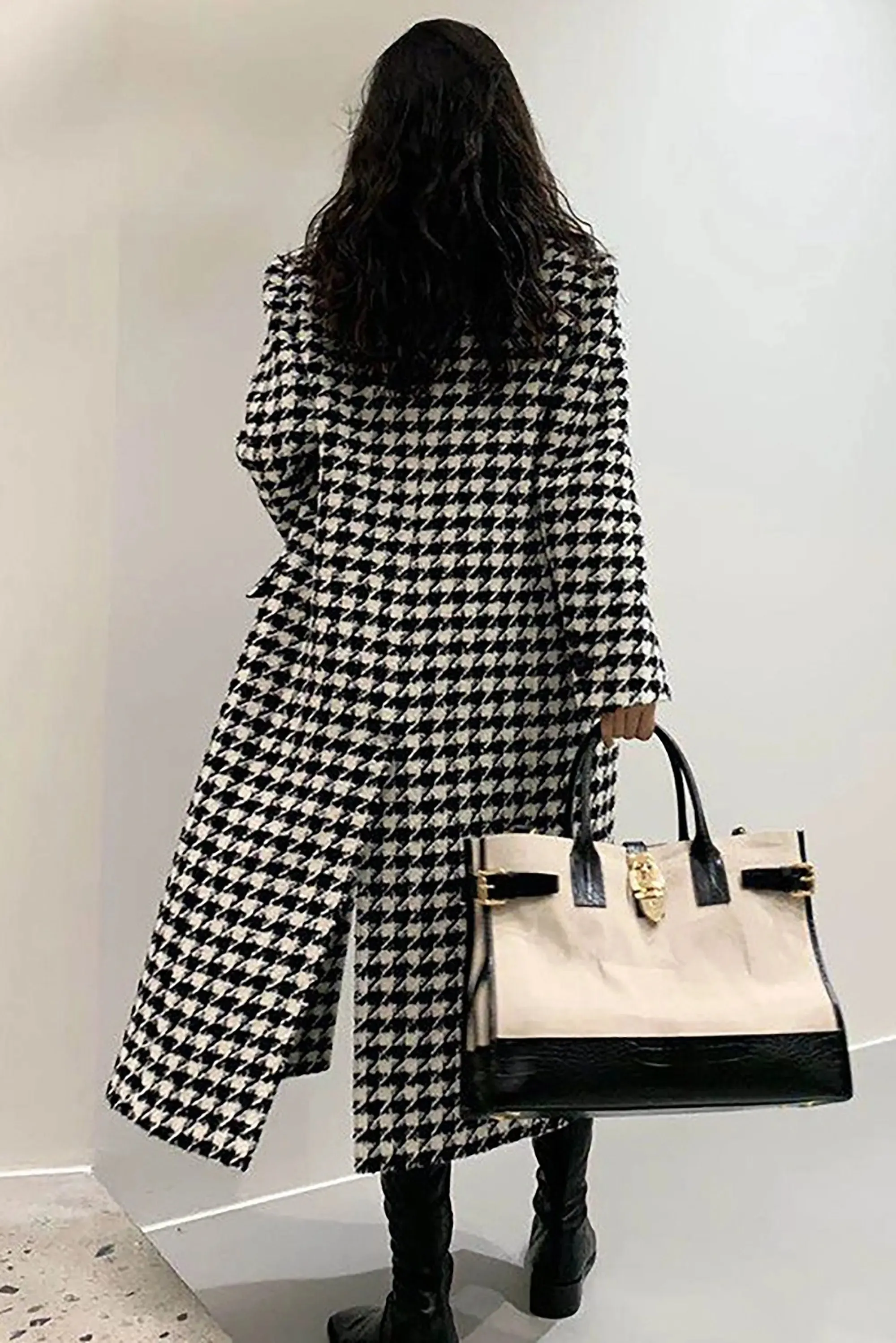 Women Houndstooth Long wool Coat,Plaid Tweed Long Coat,Winter coat women,Tweed Overcoat,Oversize Wool Coat,Double breasted Coat,Reefer coat