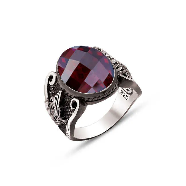 Facet Cut Red Zircon Stone Small Ellipse Silver Men’s Ring Siding Silver Ottoman Tughra