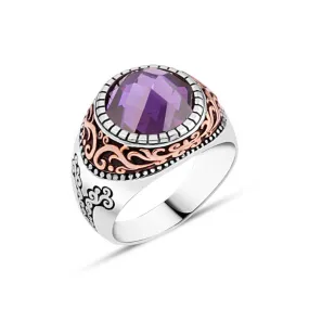 Facet Cut Small Circle Amethyst Stone Silver Men's Ring with Wavy Top Pattern