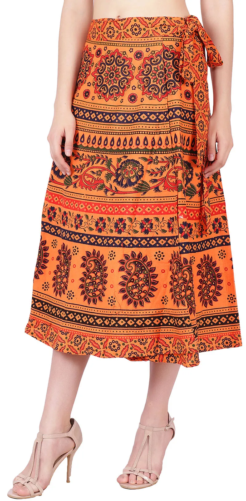 Wrap Around Indian Skirt Cotton Printed Women's India Clothes (Orange, One Size)