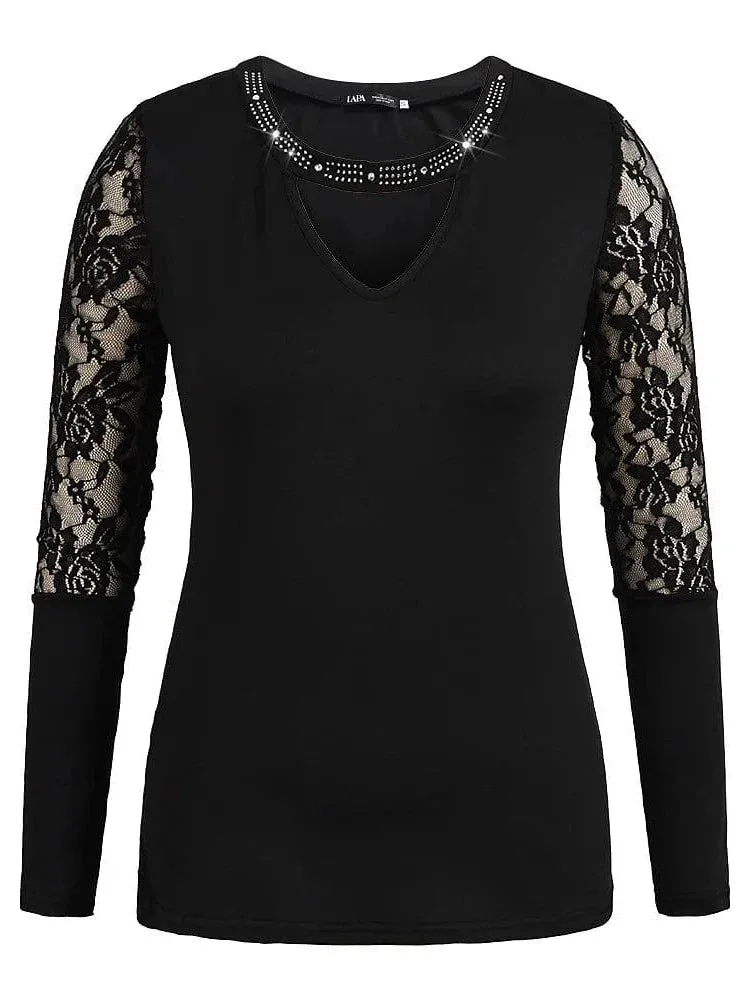 Elegant Black Lace Patchwork Rhinestone Shirt for Women