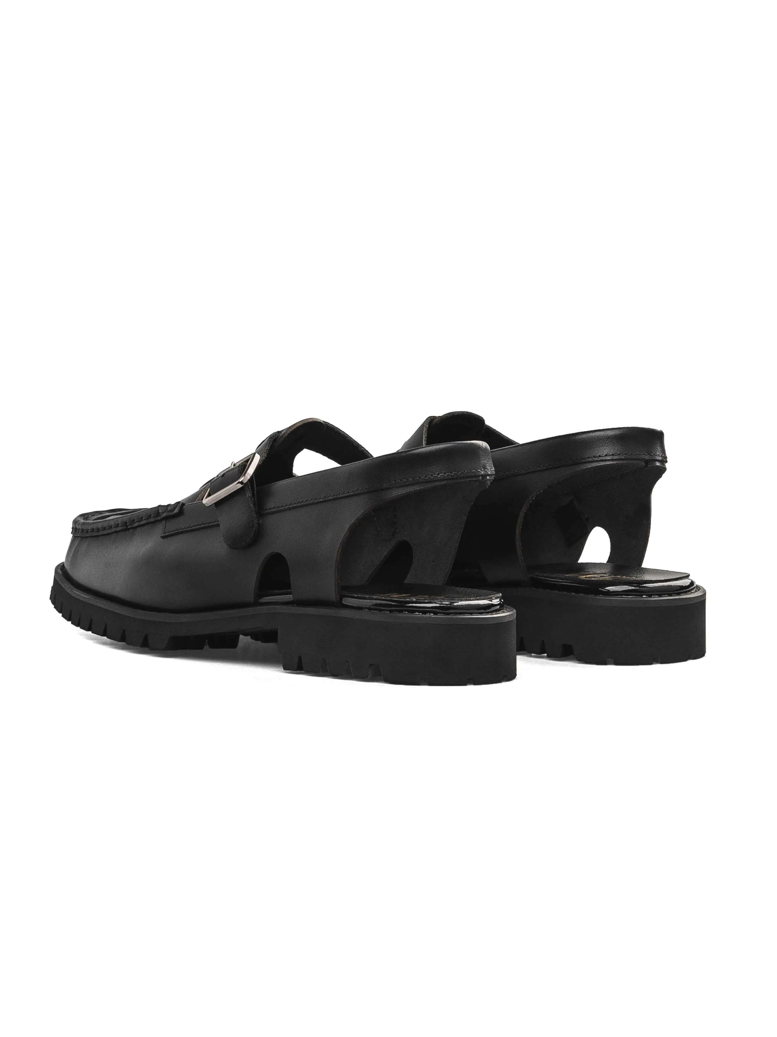 Chunky Sole Solid Black Leather Perry Weave Sandals for Stylish Comfort