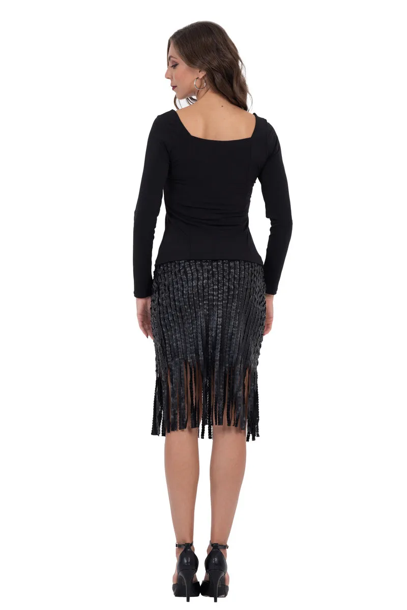 Fringed Faux Leather Striped Bodycon Skirt