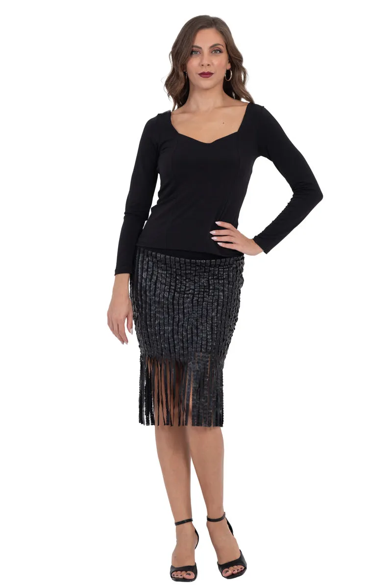 Fringed Faux Leather Striped Bodycon Skirt